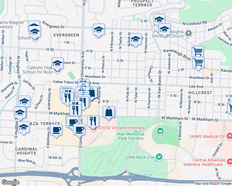 map of restaurants, bars, coffee shops, grocery stores, and more near 5620 C Street in Little Rock
