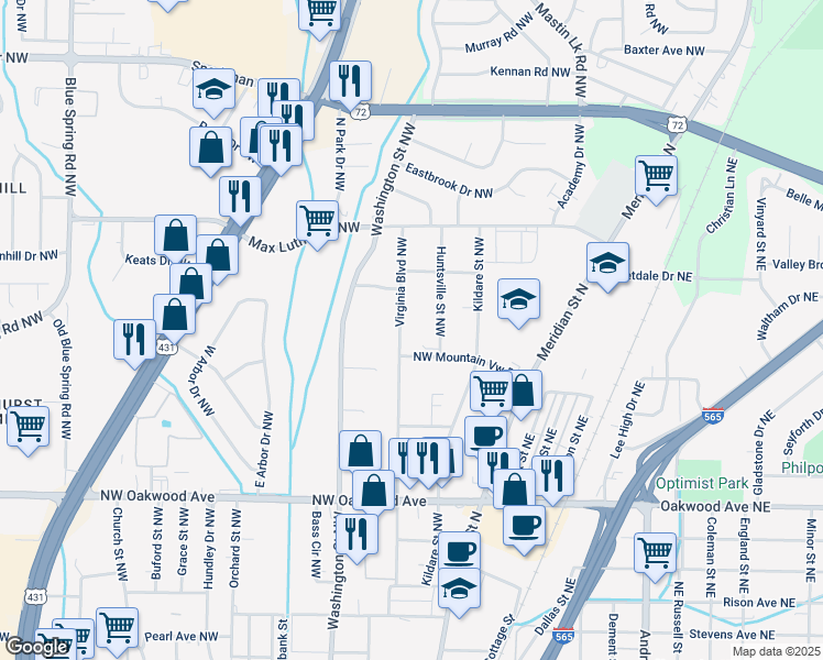 map of restaurants, bars, coffee shops, grocery stores, and more near 2412 Virginia Boulevard Northwest in Huntsville