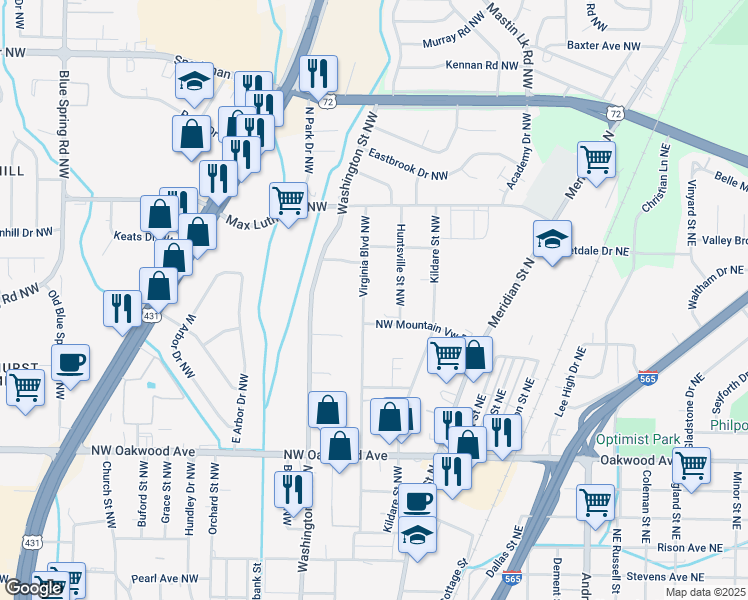 map of restaurants, bars, coffee shops, grocery stores, and more near 2412 Virginia Boulevard Northwest in Huntsville
