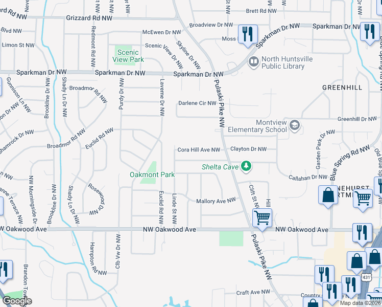 map of restaurants, bars, coffee shops, grocery stores, and more near 2812 Cora Hill Avenue Northwest in Huntsville