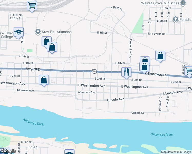 map of restaurants, bars, coffee shops, grocery stores, and more near 2324 East Broadway Street in North Little Rock