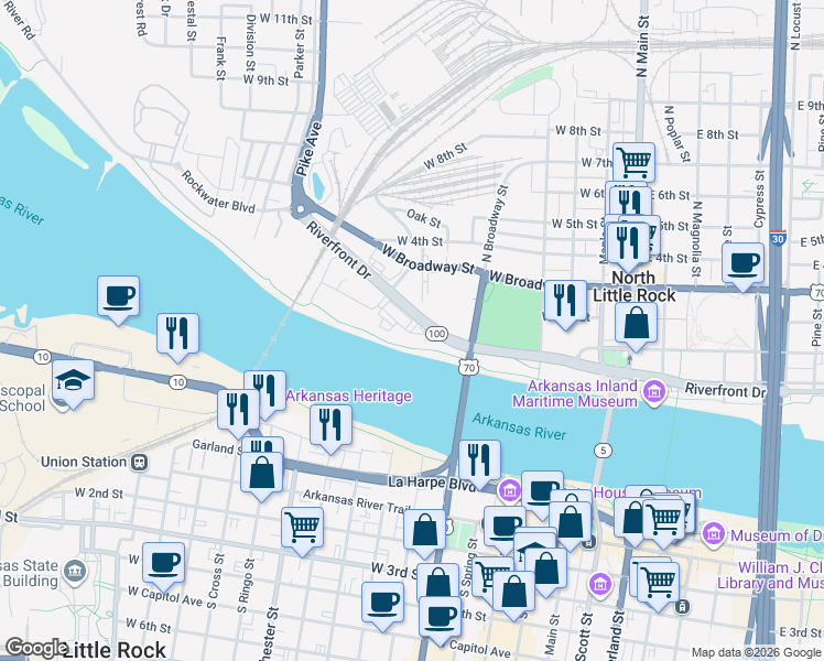 map of restaurants, bars, coffee shops, grocery stores, and more near 630 West Riverfront Drive in North Little Rock