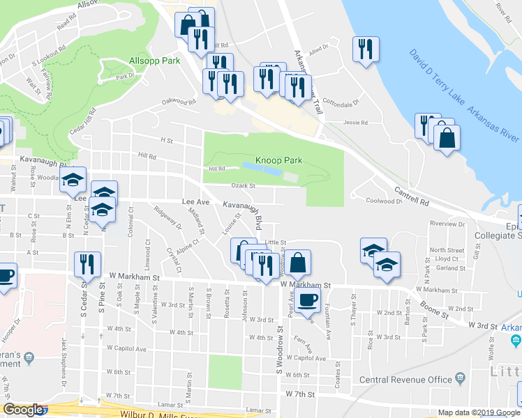 map of restaurants, bars, coffee shops, grocery stores, and more near 1322 Kavanaugh Boulevard in Little Rock