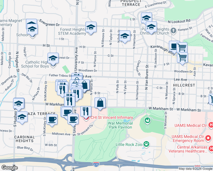 map of restaurants, bars, coffee shops, grocery stores, and more near 5620 C Street in Little Rock