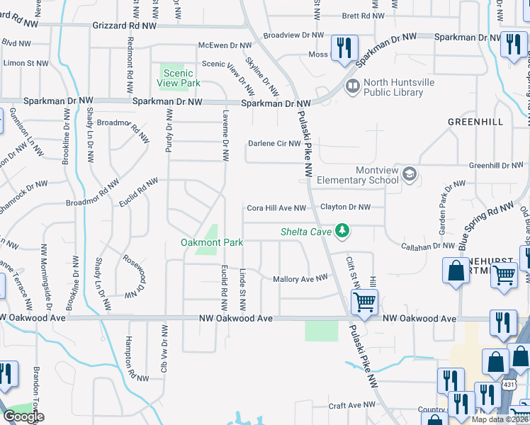 map of restaurants, bars, coffee shops, grocery stores, and more near 2812 Cora Hill Avenue Northwest in Huntsville