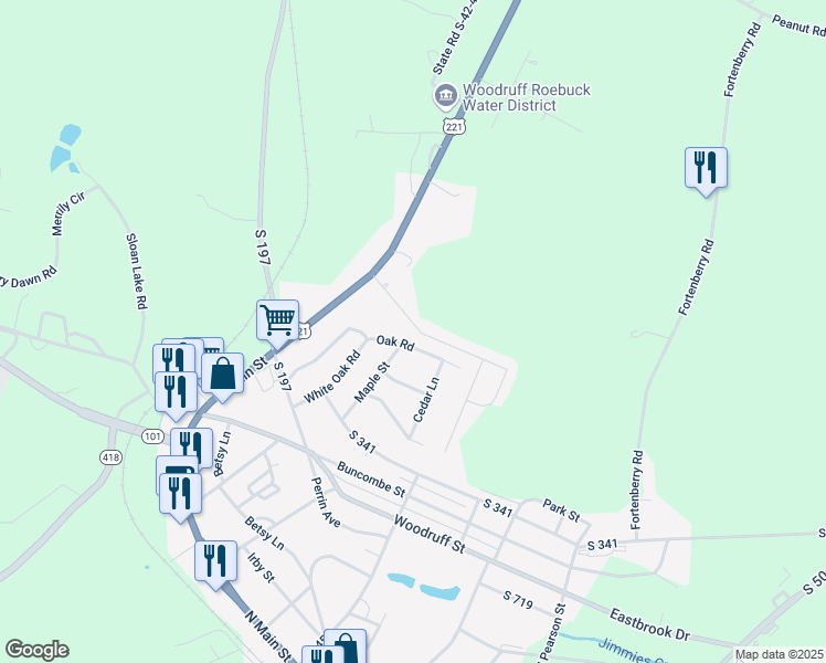 map of restaurants, bars, coffee shops, grocery stores, and more near 3108 Oak Road in Woodruff