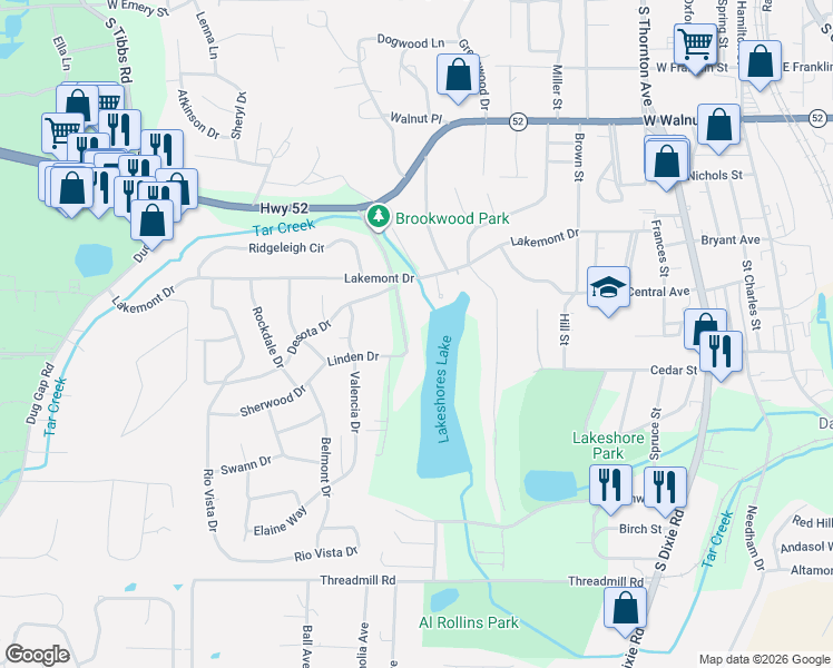 map of restaurants, bars, coffee shops, grocery stores, and more near 1108 West Lakeshore Drive West in Dalton