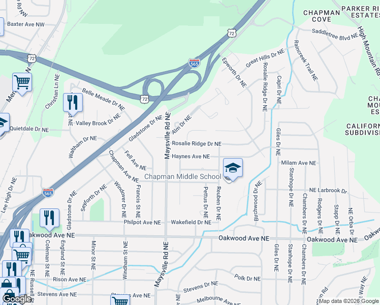 map of restaurants, bars, coffee shops, grocery stores, and more near 1710 Rosalie Ridge Drive Northeast in Huntsville