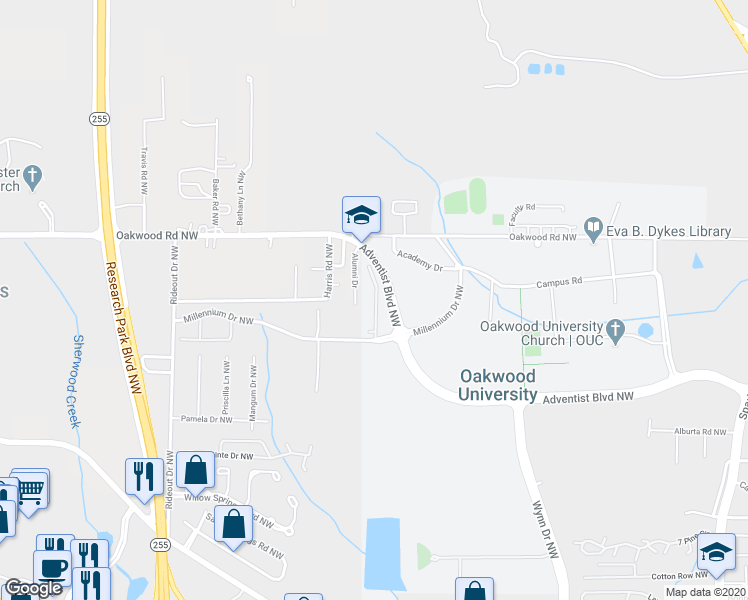 map of restaurants, bars, coffee shops, grocery stores, and more near 5140 Millennium Drive Northwest in Huntsville