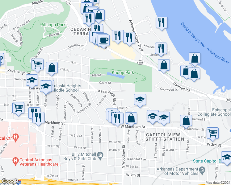 map of restaurants, bars, coffee shops, grocery stores, and more near 2915 Lee Avenue in Little Rock