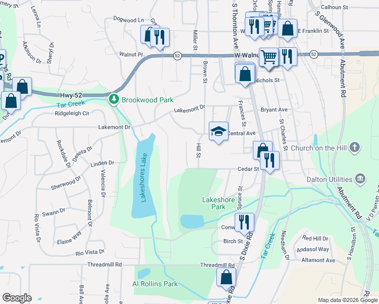 map of restaurants, bars, coffee shops, grocery stores, and more near 1112 Hill Street in Dalton