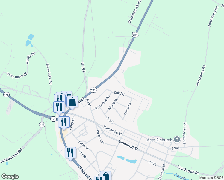 map of restaurants, bars, coffee shops, grocery stores, and more near 10181 U.S. 221 in Woodruff