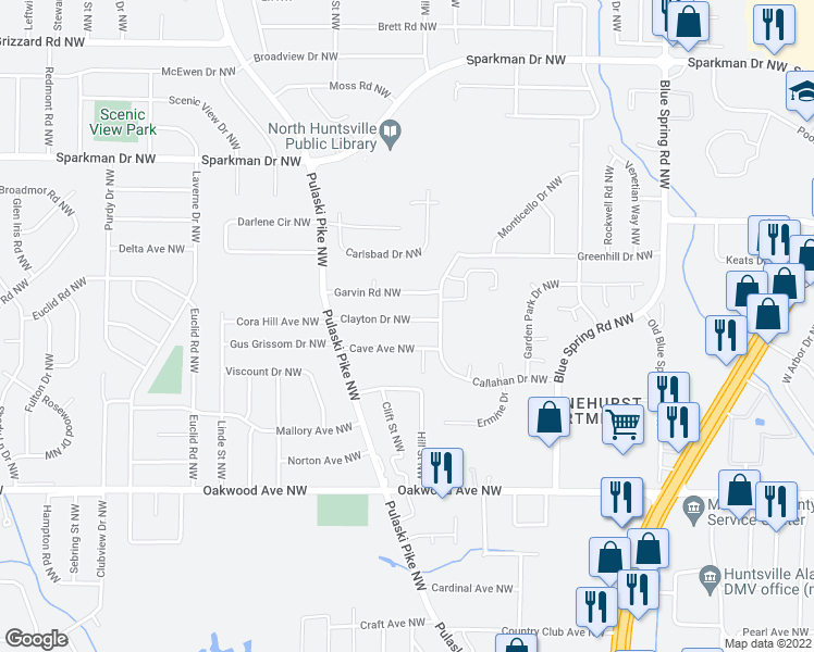 map of restaurants, bars, coffee shops, grocery stores, and more near 2719 Clayton Drive Northwest in Huntsville