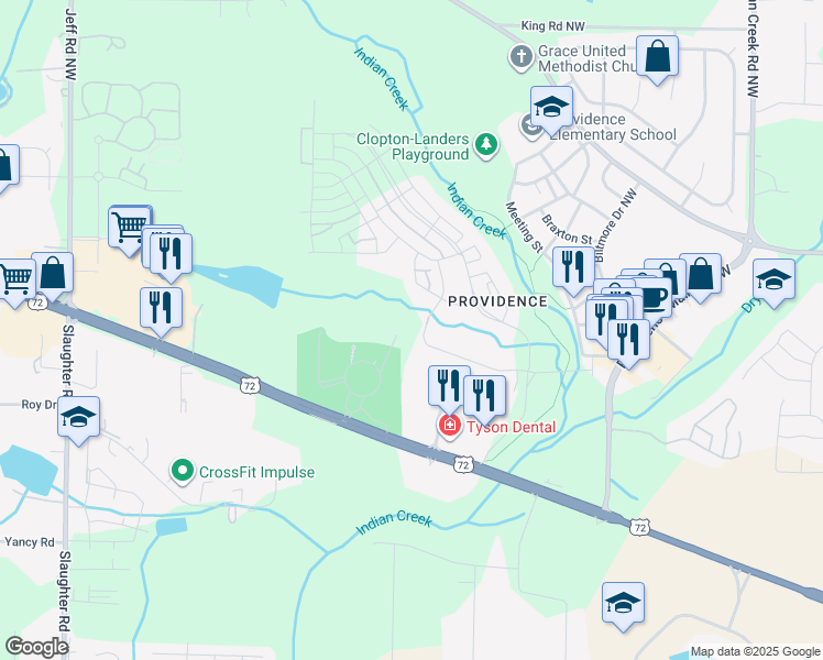 map of restaurants, bars, coffee shops, grocery stores, and more near 10 College Hill Circle Northwest in Huntsville