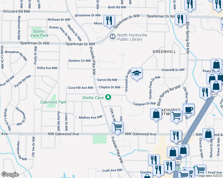 map of restaurants, bars, coffee shops, grocery stores, and more near 2725 Clayton Drive Northwest in Huntsville