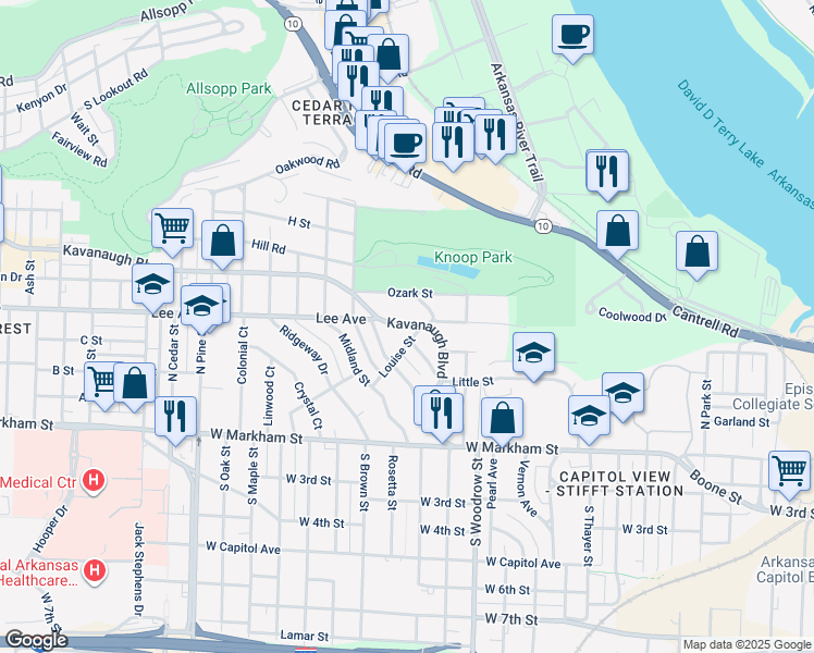 map of restaurants, bars, coffee shops, grocery stores, and more near 1410 Kavanaugh Boulevard in Little Rock