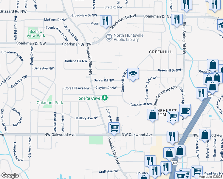 map of restaurants, bars, coffee shops, grocery stores, and more near 2721 Clayton Drive Northwest in Huntsville