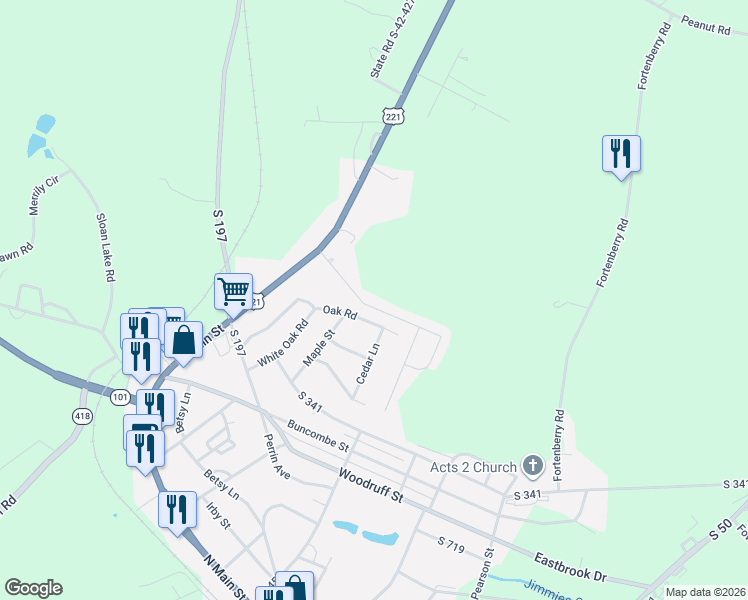 map of restaurants, bars, coffee shops, grocery stores, and more near 3108 Oak Road in Woodruff