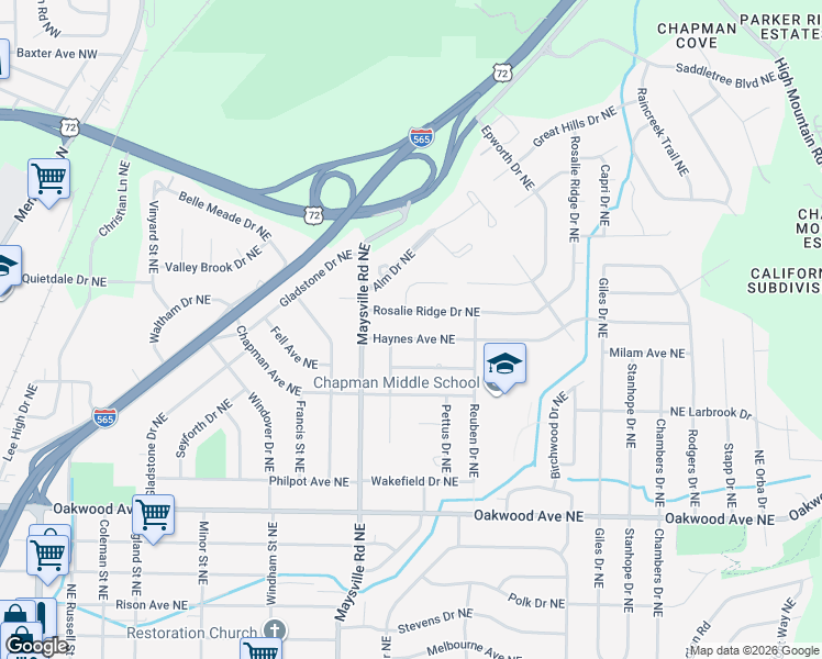 map of restaurants, bars, coffee shops, grocery stores, and more near 1710 Rosalie Ridge Drive Northeast in Huntsville