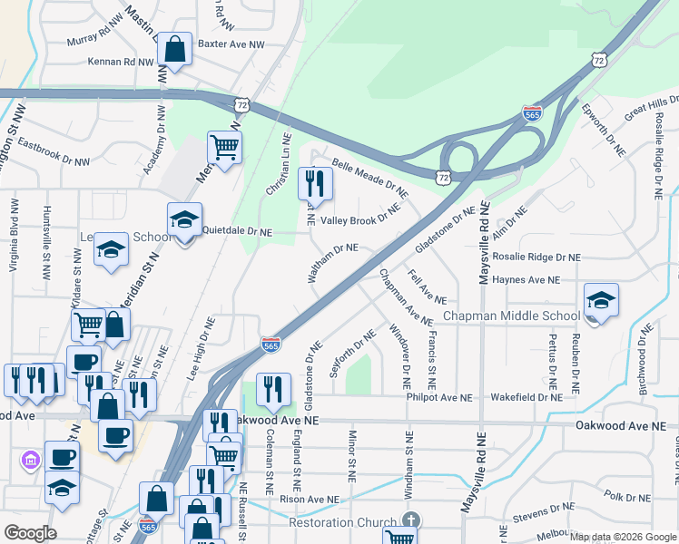 map of restaurants, bars, coffee shops, grocery stores, and more near 2600 Waltham Drive Northeast in Huntsville