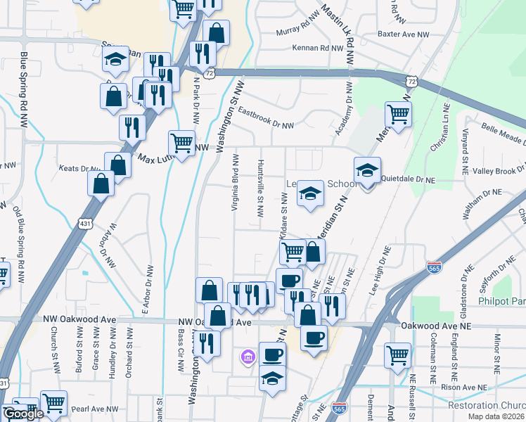 map of restaurants, bars, coffee shops, grocery stores, and more near 2500 Huntsville Street Northwest in Huntsville