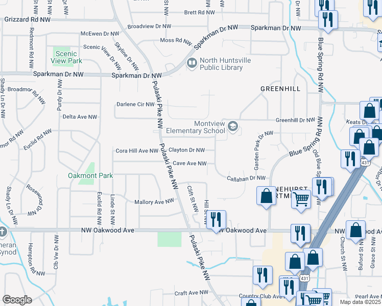 map of restaurants, bars, coffee shops, grocery stores, and more near 2725B Clayton Drive Northwest in Huntsville