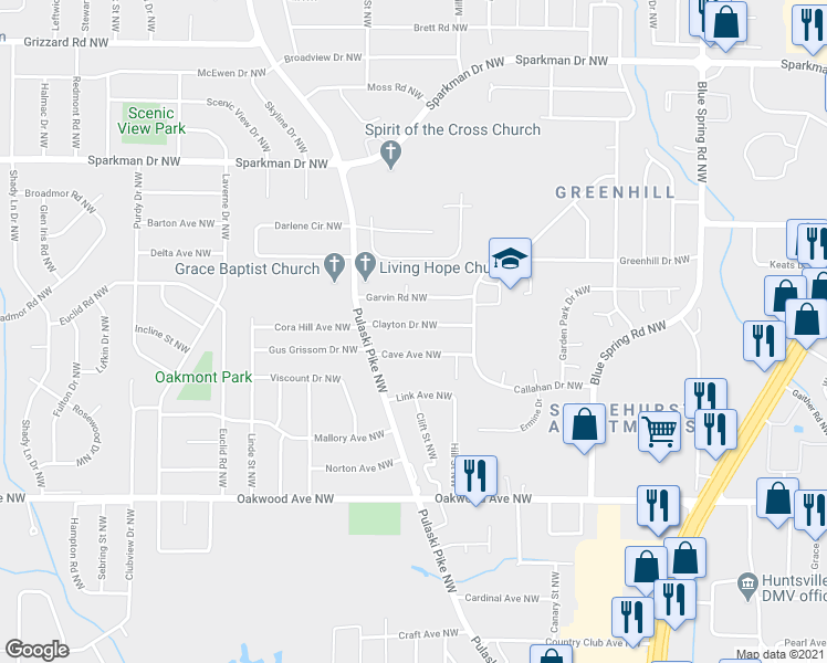 map of restaurants, bars, coffee shops, grocery stores, and more near 2725B Clayton Drive Northwest in Huntsville