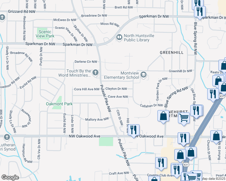map of restaurants, bars, coffee shops, grocery stores, and more near 2737 Clayton Drive Northwest in Huntsville