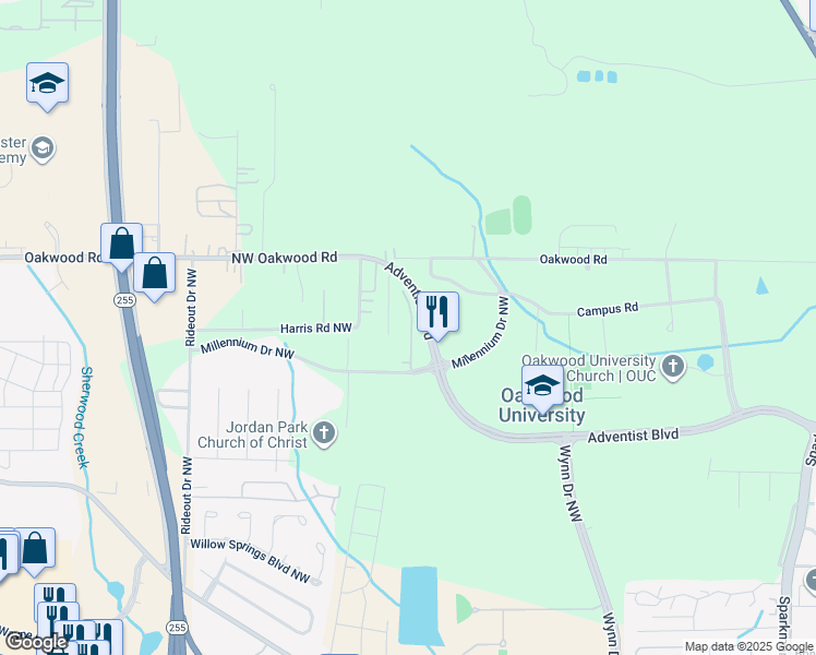map of restaurants, bars, coffee shops, grocery stores, and more near 5140 Millennium Drive Northwest in Huntsville