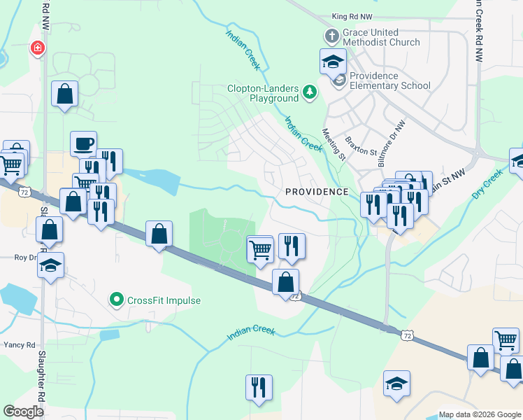 map of restaurants, bars, coffee shops, grocery stores, and more near 10 College Hill Circle Northwest in Huntsville