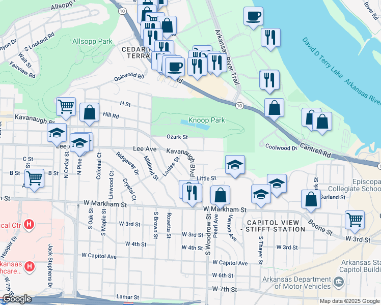 map of restaurants, bars, coffee shops, grocery stores, and more near 1322 Kavanaugh Boulevard in Little Rock
