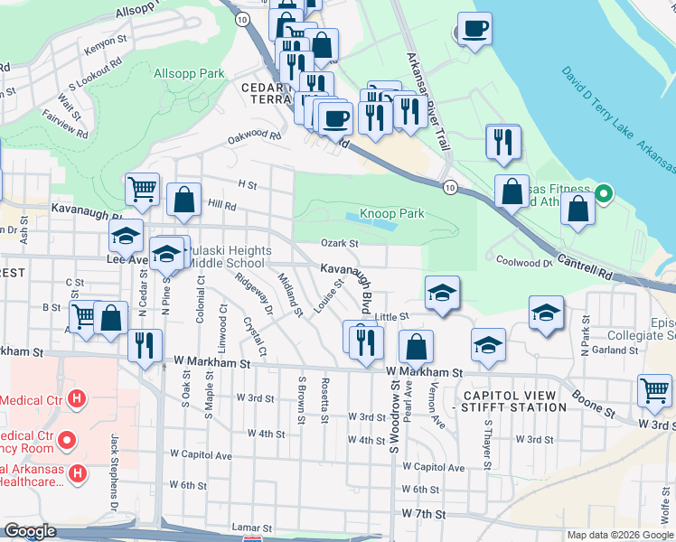map of restaurants, bars, coffee shops, grocery stores, and more near 1410 Kavanaugh Boulevard in Little Rock