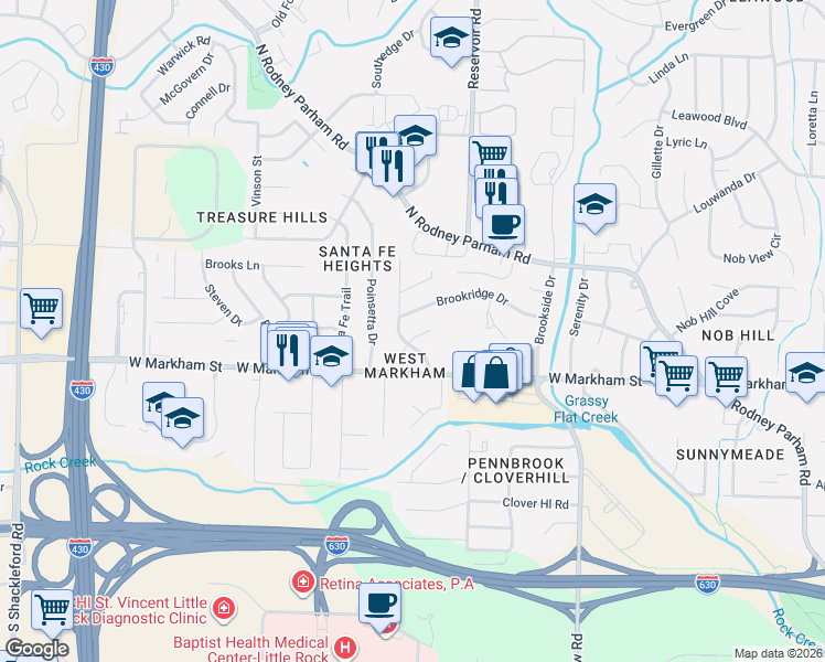 map of restaurants, bars, coffee shops, grocery stores, and more near 215 Burnside Drive in Little Rock
