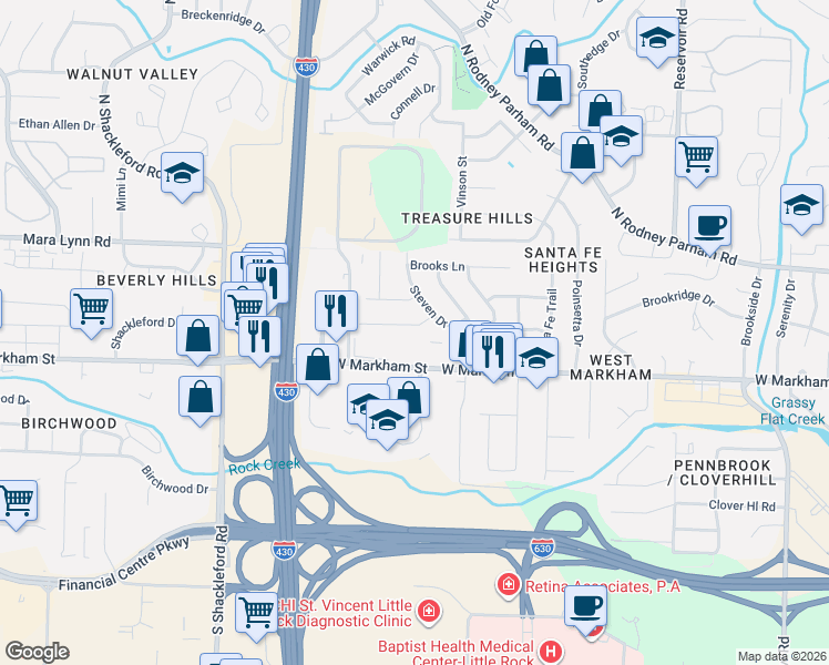 map of restaurants, bars, coffee shops, grocery stores, and more near 10011 Ronald Drive in Little Rock