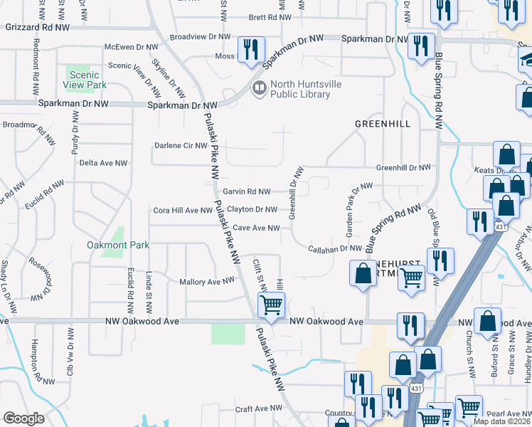 map of restaurants, bars, coffee shops, grocery stores, and more near 2721 Clayton Drive Northwest in Huntsville