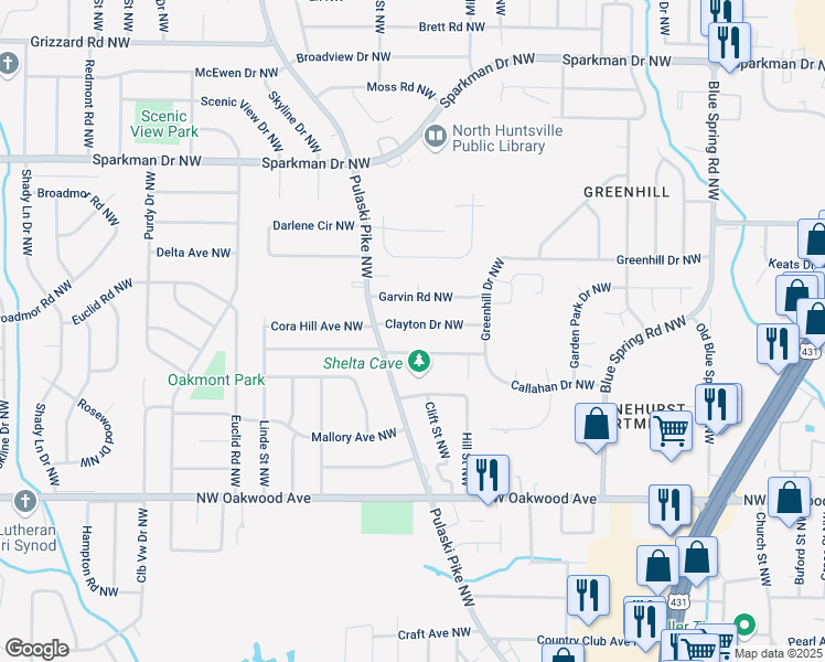 map of restaurants, bars, coffee shops, grocery stores, and more near 2731 Clayton Drive Northwest in Huntsville