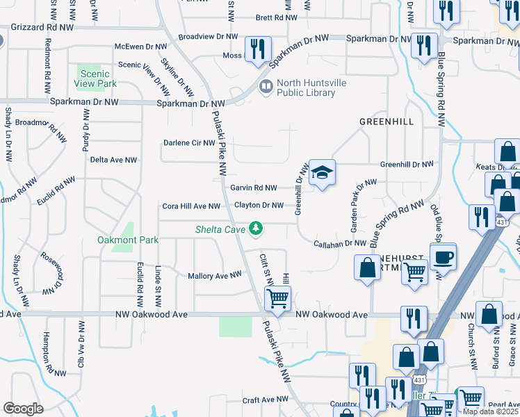 map of restaurants, bars, coffee shops, grocery stores, and more near 2727 Clayton Drive Northwest in Huntsville