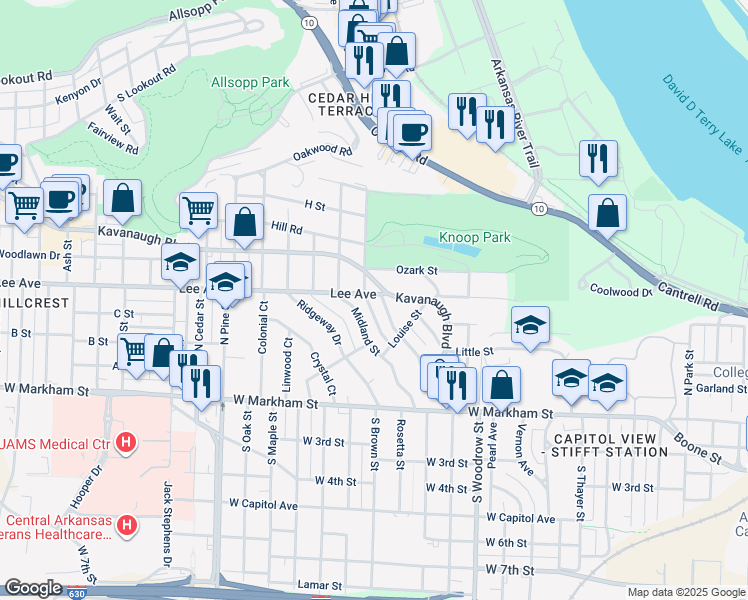 map of restaurants, bars, coffee shops, grocery stores, and more near 444 Fairfax Avenue in Little Rock