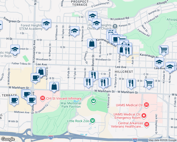map of restaurants, bars, coffee shops, grocery stores, and more near 5116 C Street in Little Rock