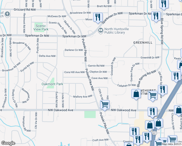 map of restaurants, bars, coffee shops, grocery stores, and more near 2737 Clayton Drive Northwest in Huntsville