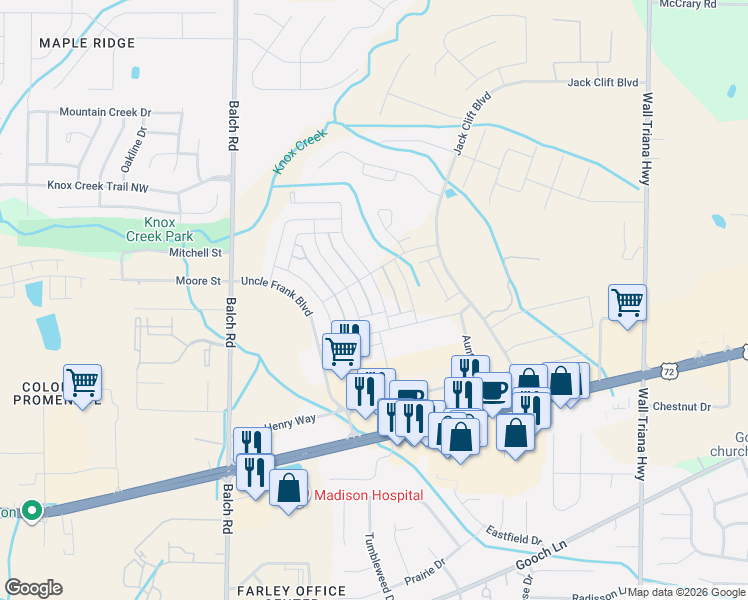 map of restaurants, bars, coffee shops, grocery stores, and more near 8142 U.S. 72 in Madison