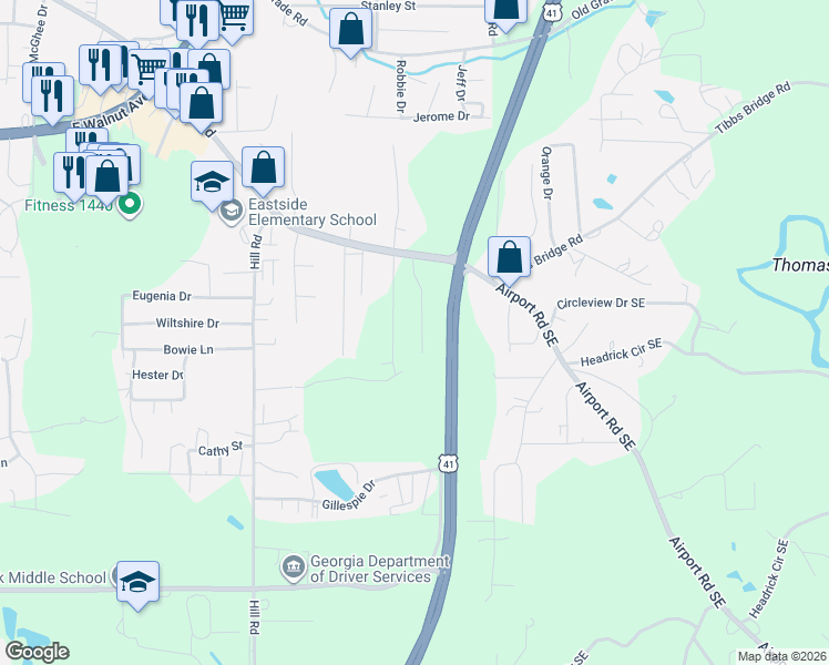 map of restaurants, bars, coffee shops, grocery stores, and more near 113 Monterey Drive in Dalton