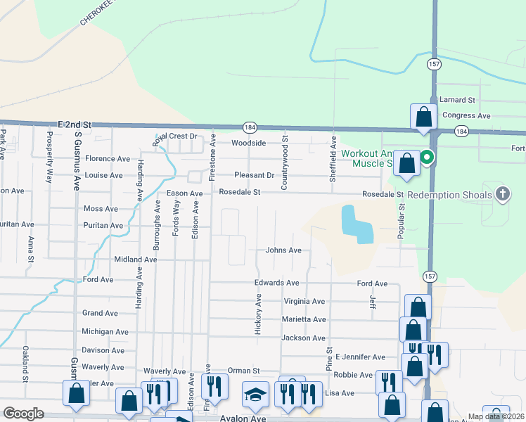 map of restaurants, bars, coffee shops, grocery stores, and more near 704 Hickory Avenue in Muscle Shoals