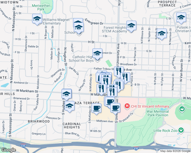 map of restaurants, bars, coffee shops, grocery stores, and more near 6301 C Street in Little Rock