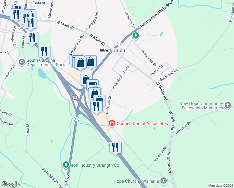 map of restaurants, bars, coffee shops, grocery stores, and more near 787 Anderson Street in West Union