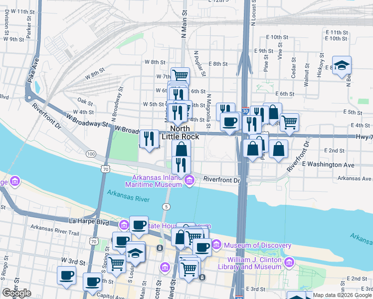 map of restaurants, bars, coffee shops, grocery stores, and more near 120 North Poplar Street in North Little Rock
