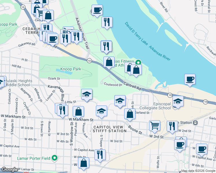 map of restaurants, bars, coffee shops, grocery stores, and more near 21 Coolwood Drive in Little Rock