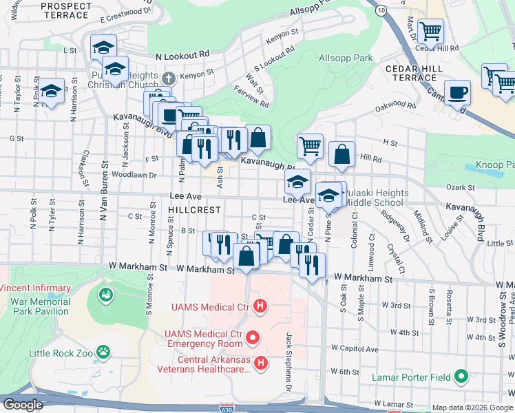 map of restaurants, bars, coffee shops, grocery stores, and more near 4217 Lee Avenue in Little Rock