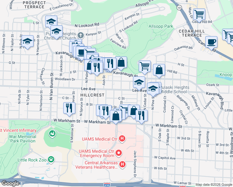 map of restaurants, bars, coffee shops, grocery stores, and more near 420 Walnut Street in Little Rock