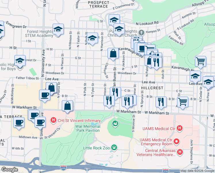 map of restaurants, bars, coffee shops, grocery stores, and more near 5116 C Street in Little Rock